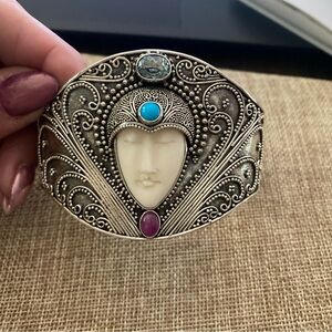 Brand New Bali Sterling Silver Multi Color Gemstone Goddess Cuff Bracelet 8”